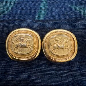 Vintage Gold Clip-On Earrings Horse Rider Relief | Greek Revival Style